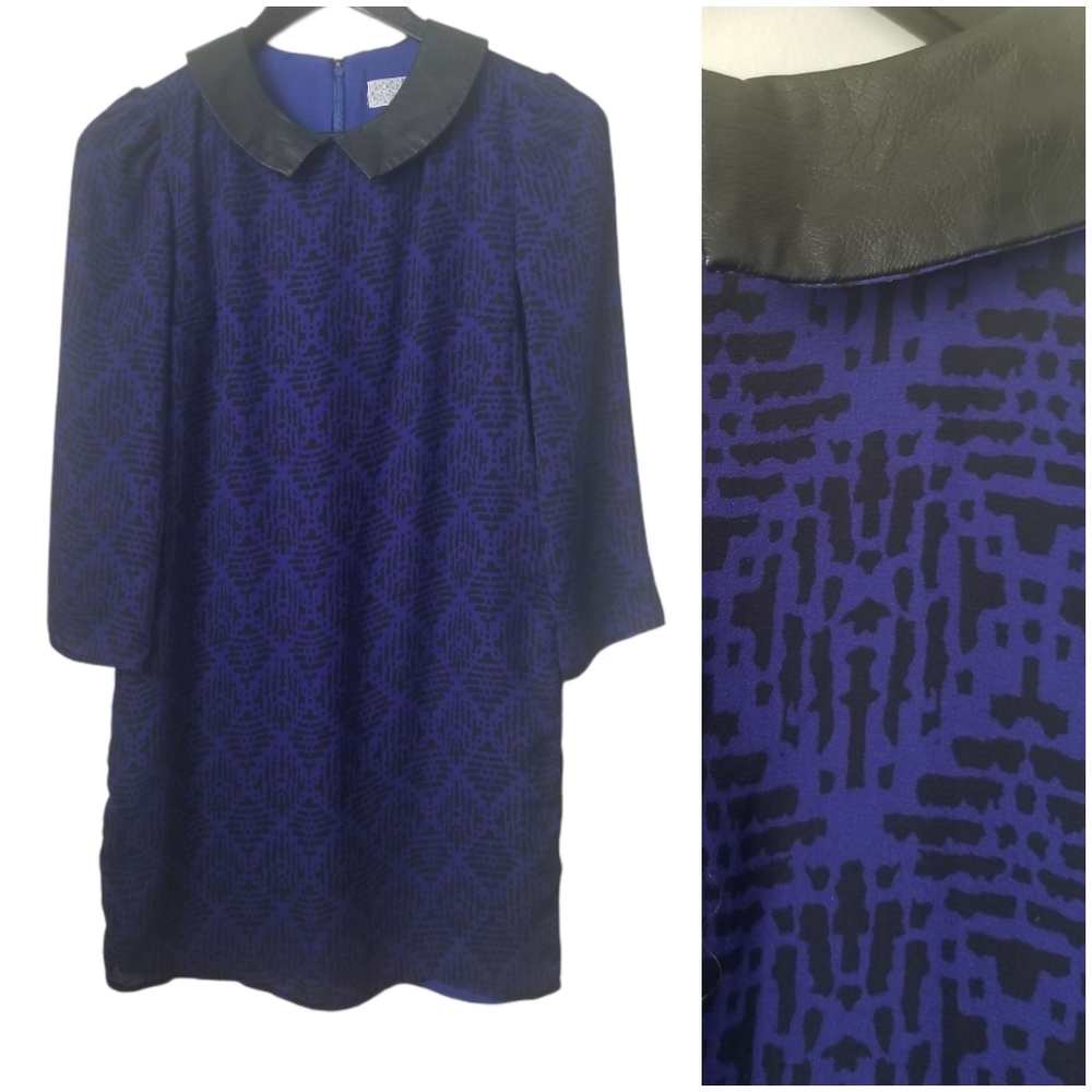 Lucca Couture XS Mini Dress Blue Black Geometric Print Faux Leather Collar